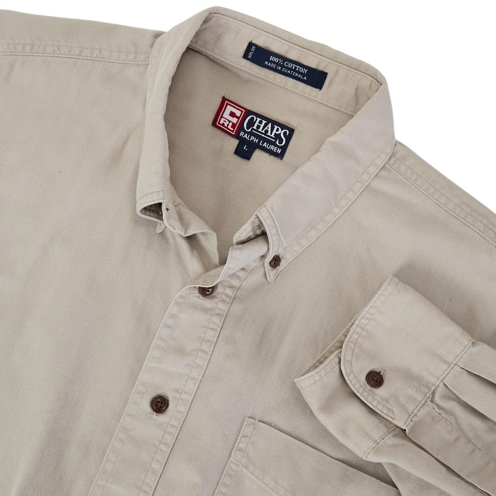 Vtg 90s Chaps Ralph Lauren Mens L Button down Shirt Khaki Pocket Crest Logo CRL